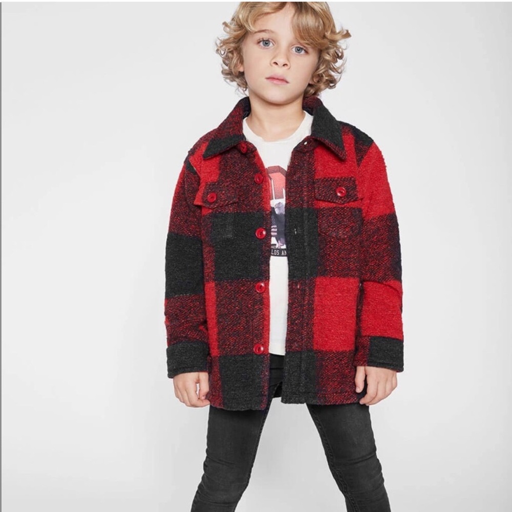 Anine Bing Kids Bobbi Unisex Red Black Buffalo Check Plaid Jacket Coat Shacket